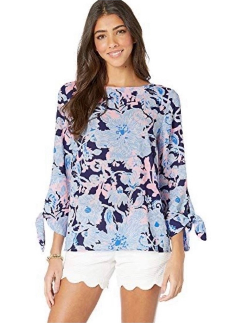 Lilly Pulitzer Langston Top In Bright Navy floral size XS 001377 preppy beach